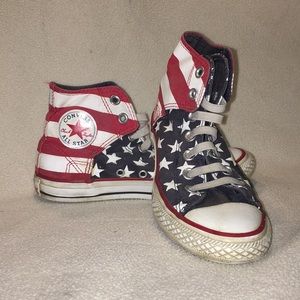 Red white and blue Hightop Converse sneakers